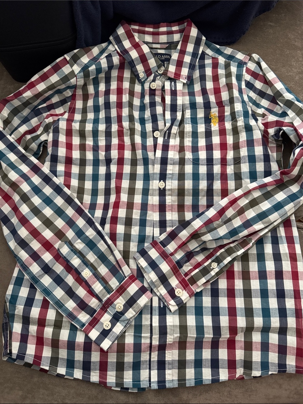 U.S. Polo Assn. Red Blue Gray White Plaid Button-Down Shirt with Yellow Logo